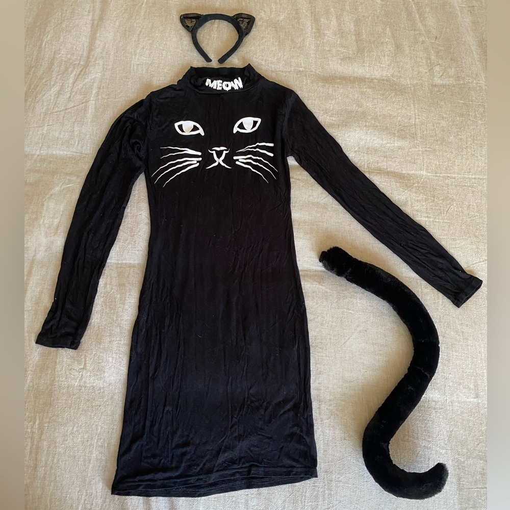 Black “Meow” Cat Halloween Dress with Lace Ears & Fur Tail